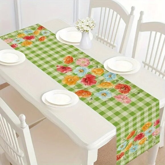 Table Runner Green Plaid Flowers Floral Colorful Dining Linen 11.8" x 71.7" NEW - Picture 1 of 2